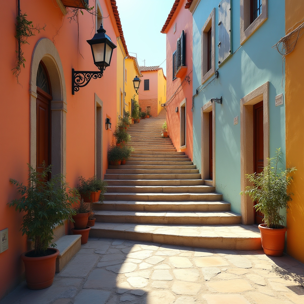 Piazza principale di un piccolo borgo calabrese con case colorate e scalinata in pietra