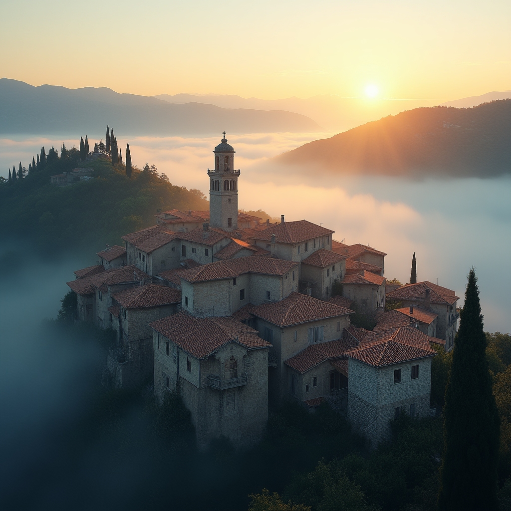 Borgo collinare visto dall'alto all'alba, con nebbia leggera tra le case in pietra