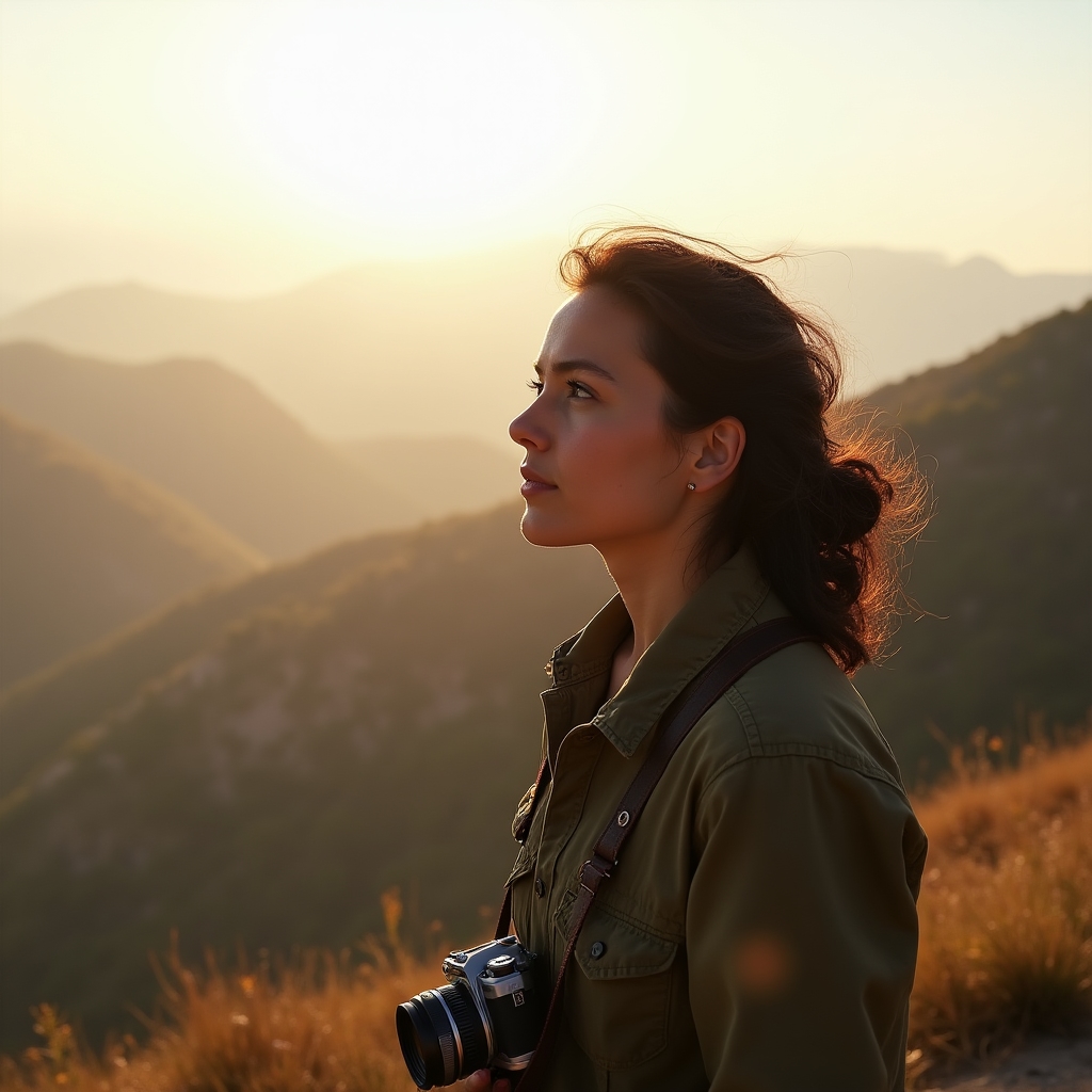Fotografa di viaggio con macchina fotografica al collo che osserva un paesaggio collinare