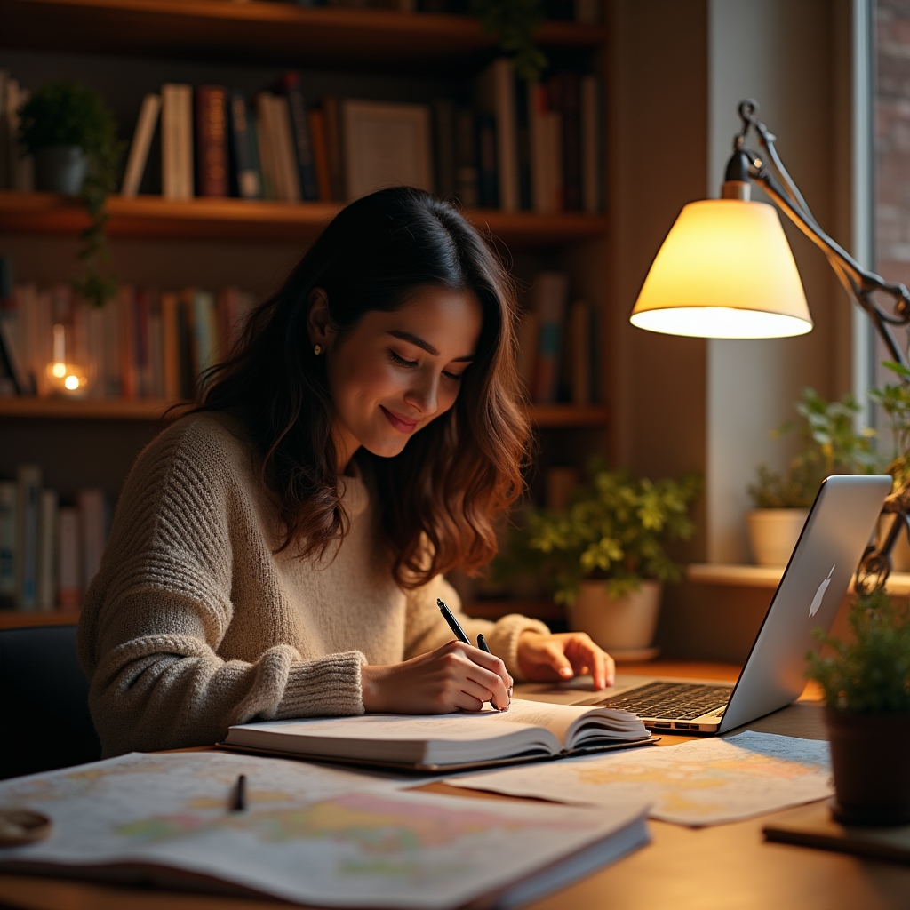 Redazione al lavoro su testi editoriali con appunti, mappe e computer su una scrivania in legno