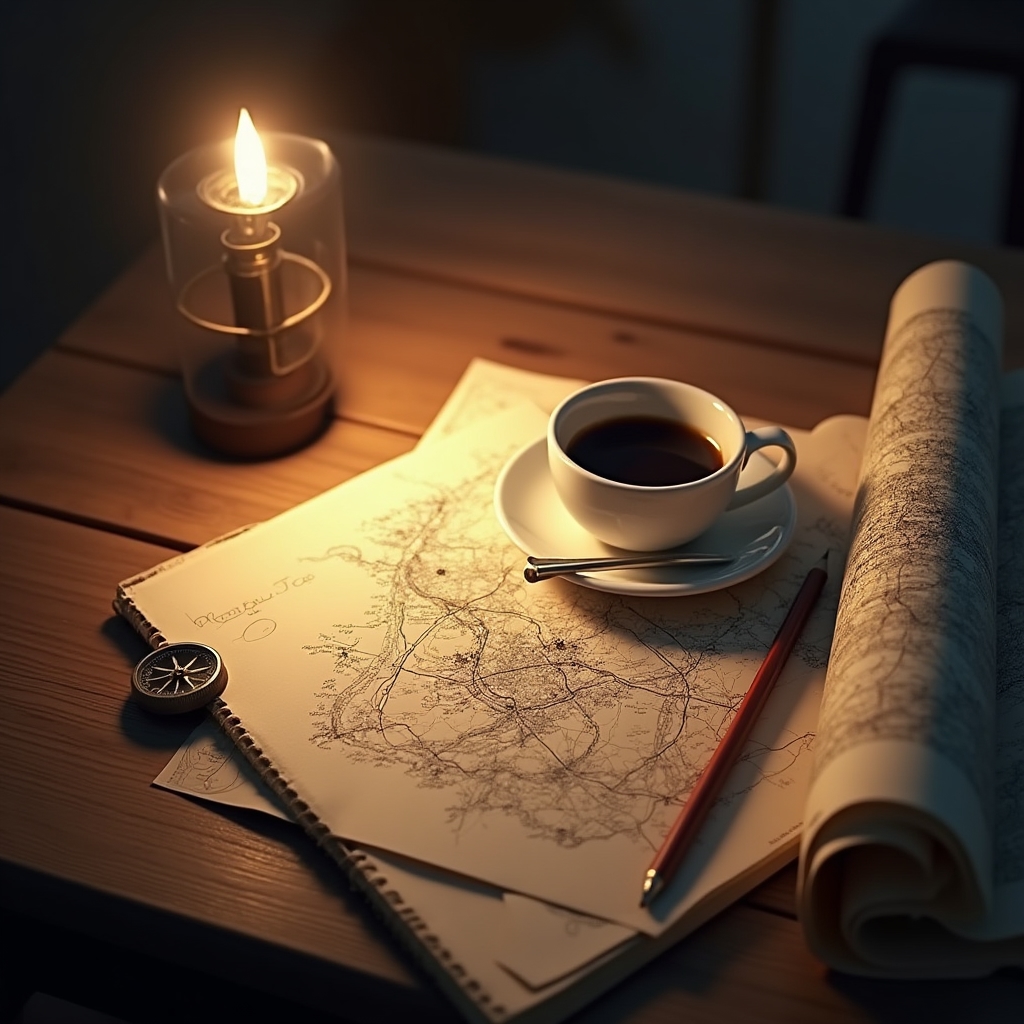 Taccuino aperto con mappa disegnata a mano e appunti di viaggio su un tavolo di legno