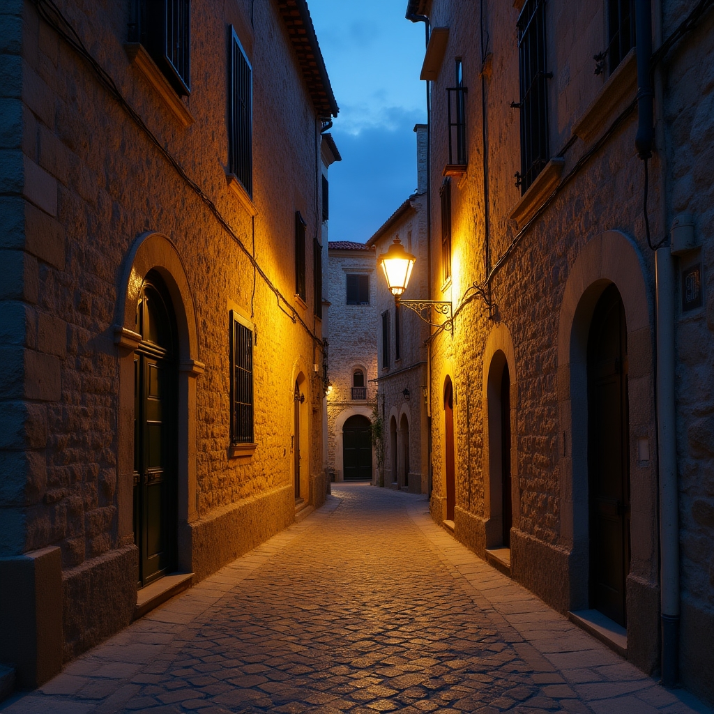 Vicolo di un borgo italiano illuminato al tramonto, con case in pietra e luci calde